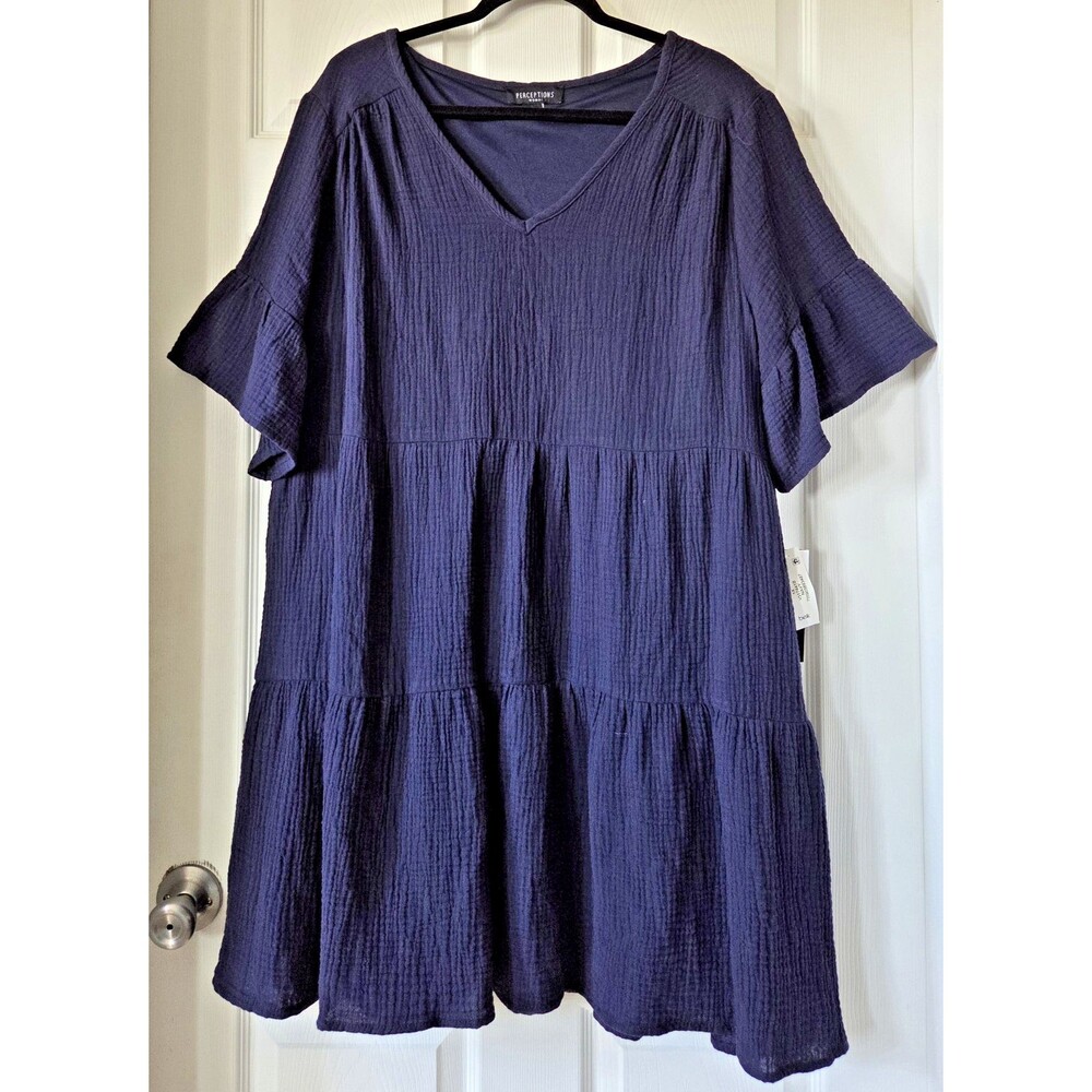 PERCEPTIONS New York Navy Blue Gauze Dress Tiered V-Neck Flutter Sleeve Size 1X